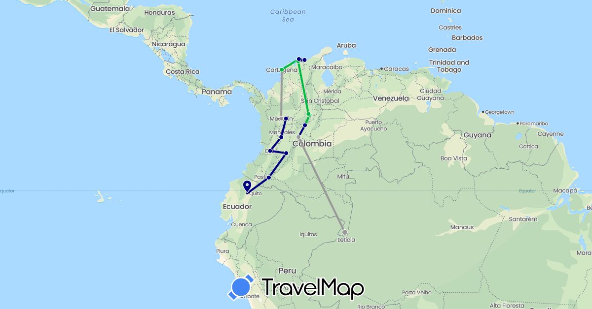 TravelMap itinerary: driving, bus, plane in Colombia, Ecuador (South America)